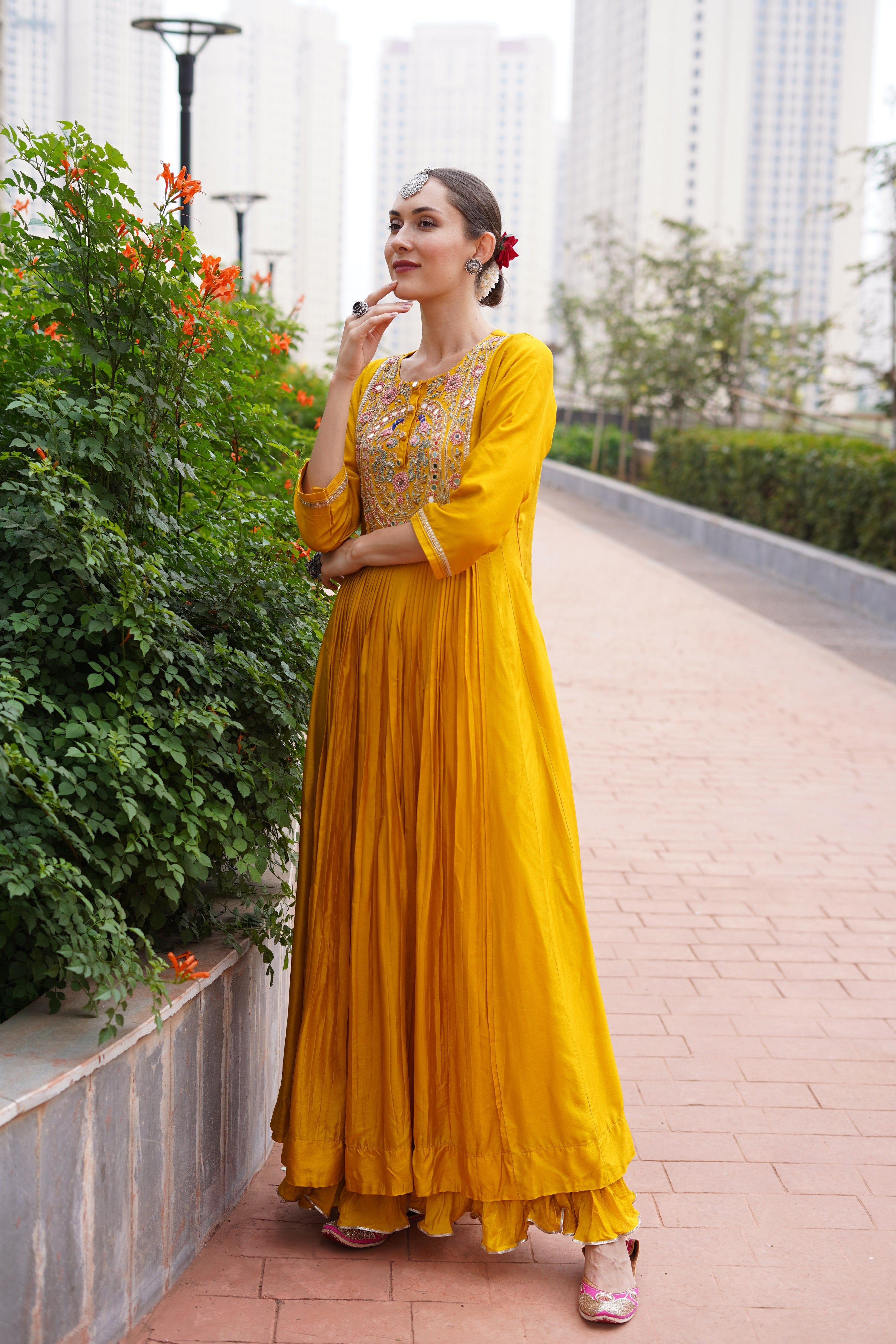 Haldi Ceremony Wear Embroidered Anarkali Suit In Yellow